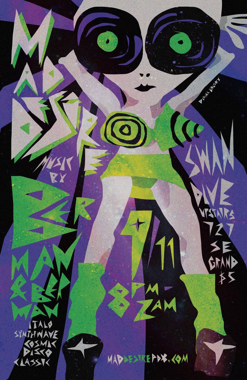 Mad Desire flyer: cosmic canyon landscape with a mirrored disco ball throwing rainbow light.